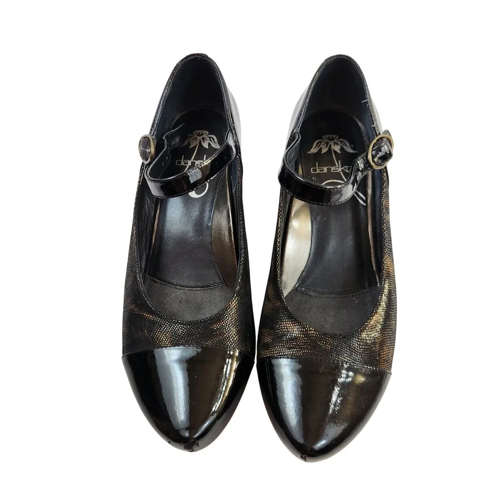 Dansko 38 Bonnie Mary Jane Heels Black Patent Leather Metallic Animal Print  7.5
